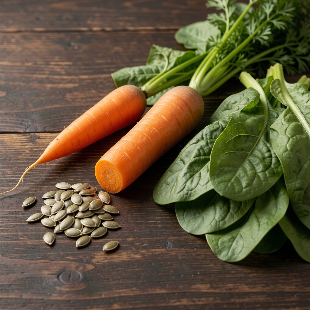 Carrot, pumpkin seeds and leafy greens on a dark wooden nutrition research table