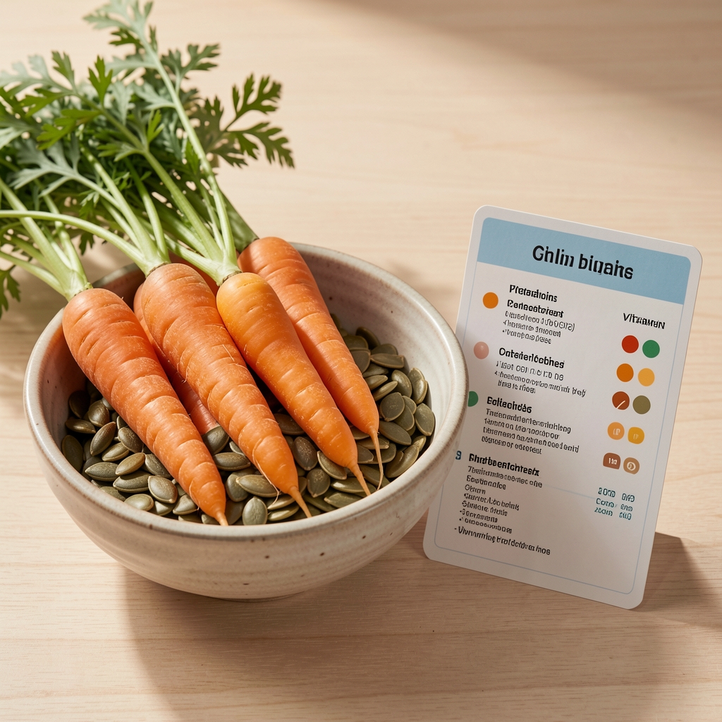 Fresh carrots and pumpkin seeds in a ceramic bowl beside a vitamin reference card