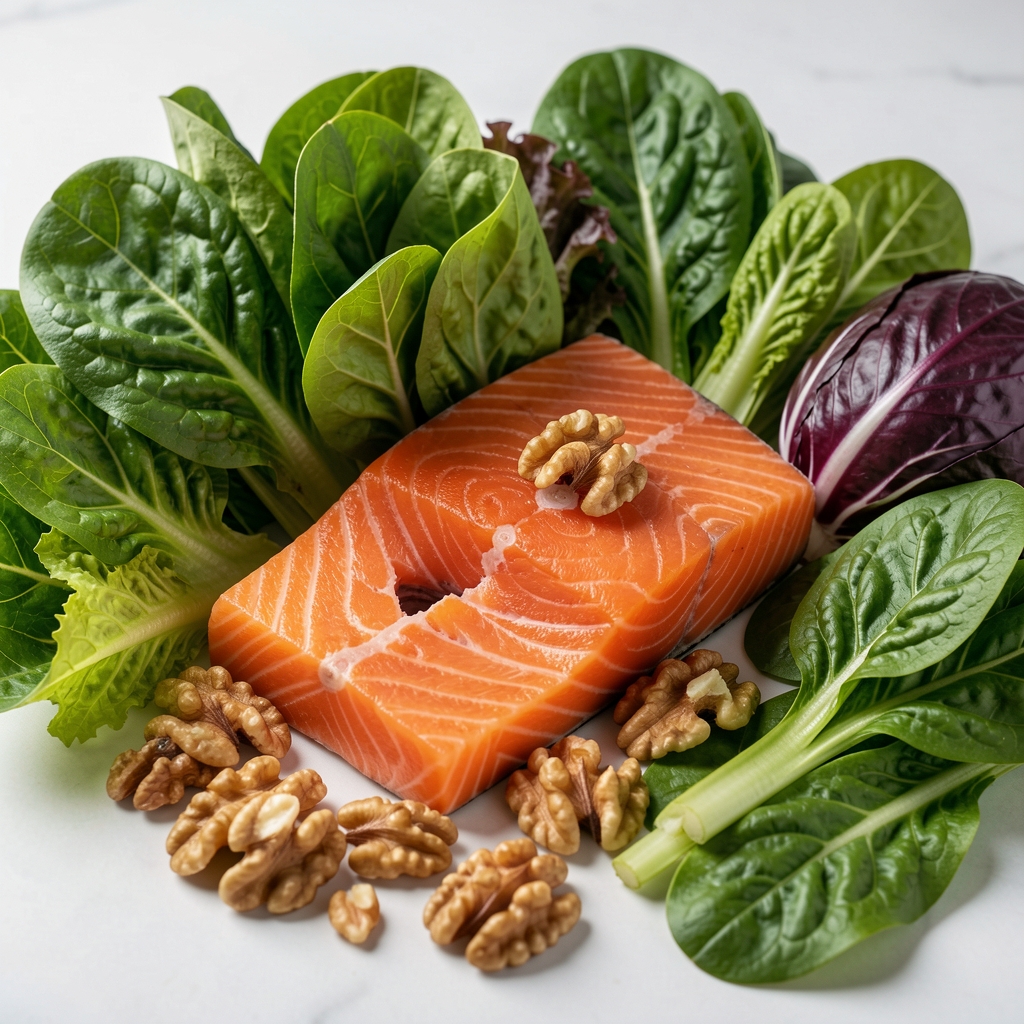 Assorted leafy vegetables, salmon and walnuts representing a broad daily nutrient formula