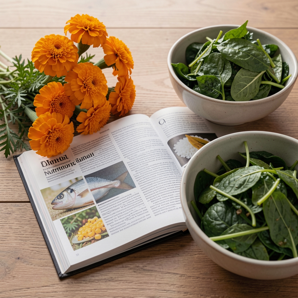 Open nutrition journal with marigolds, fish oil source ingredients and a bowl of greens