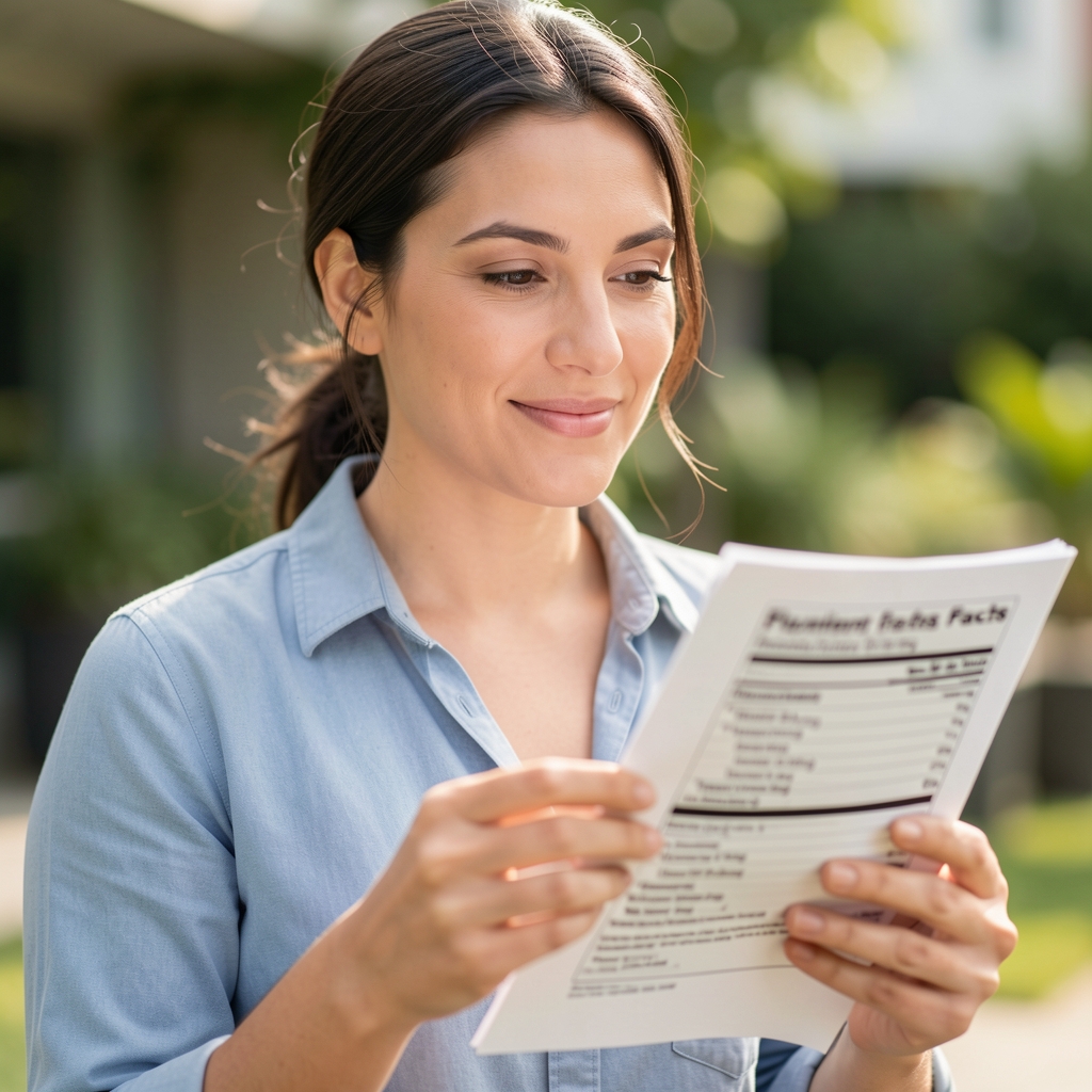 Portrait of a nutrition content editor reviewing a printed ingredient label