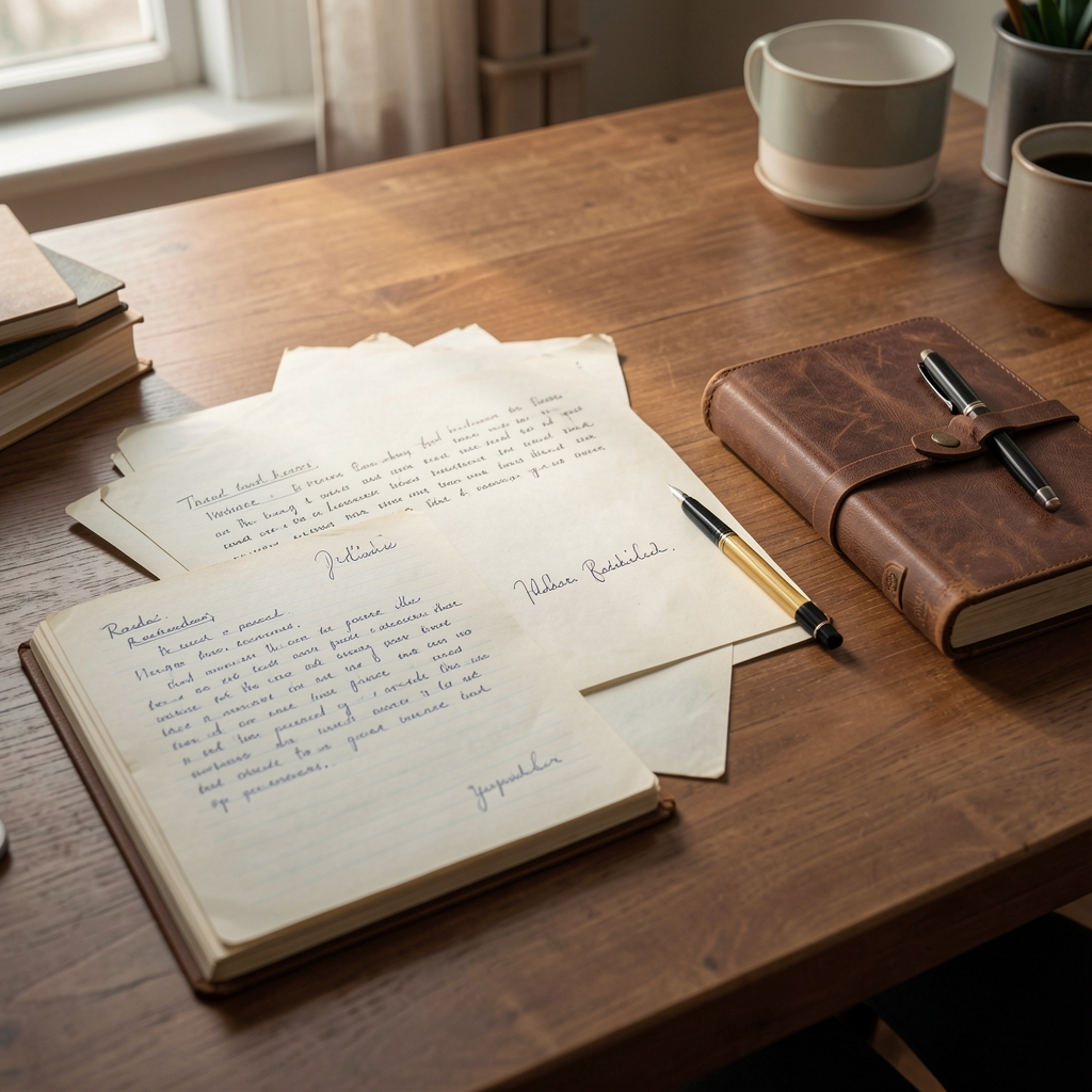 Quiet editorial desk with handwritten reader letters and a South African address book