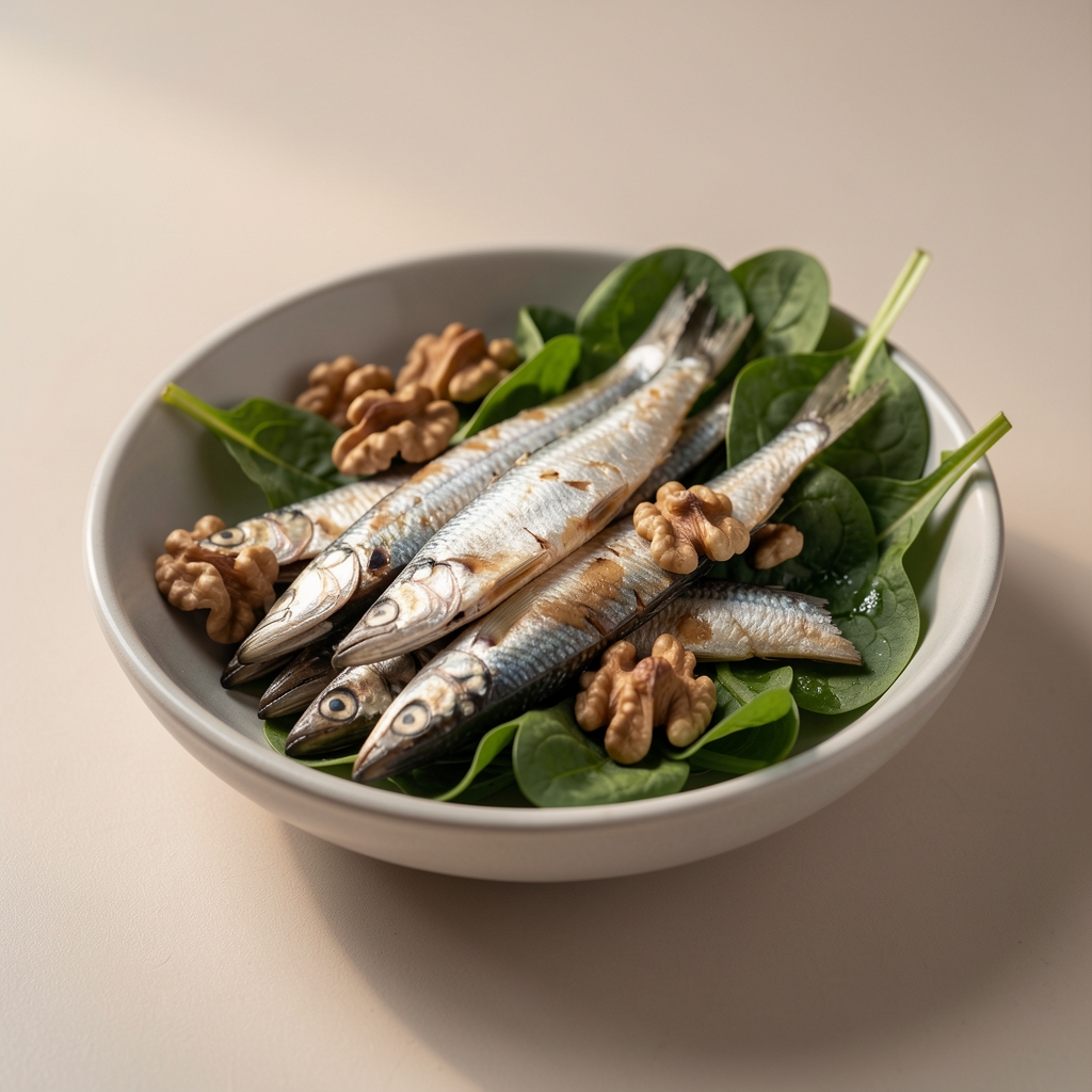 Small dish of sardines, walnuts and leafy greens arranged for an omega-3 nutrition feature