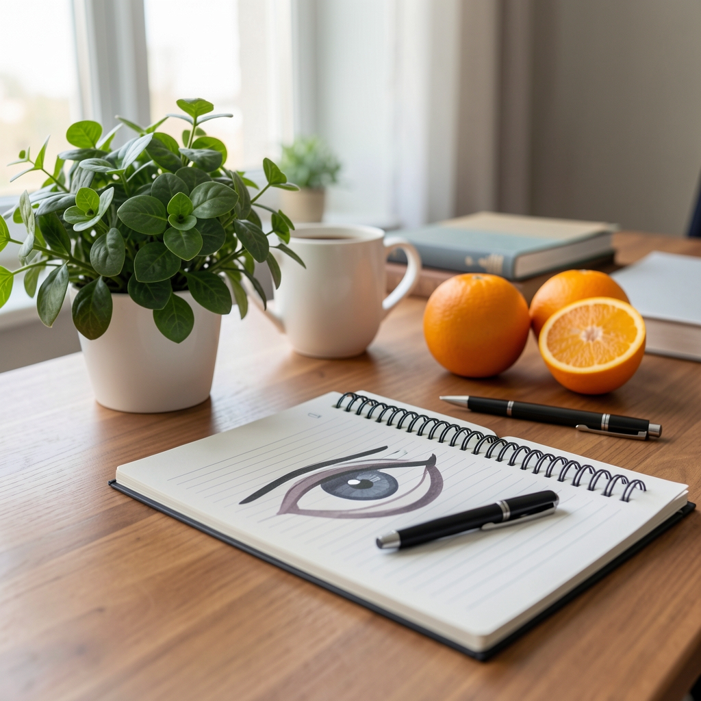 Sunlit Johannesburg reading desk with leafy greens, citrus fruit and a notebook about eye wellness