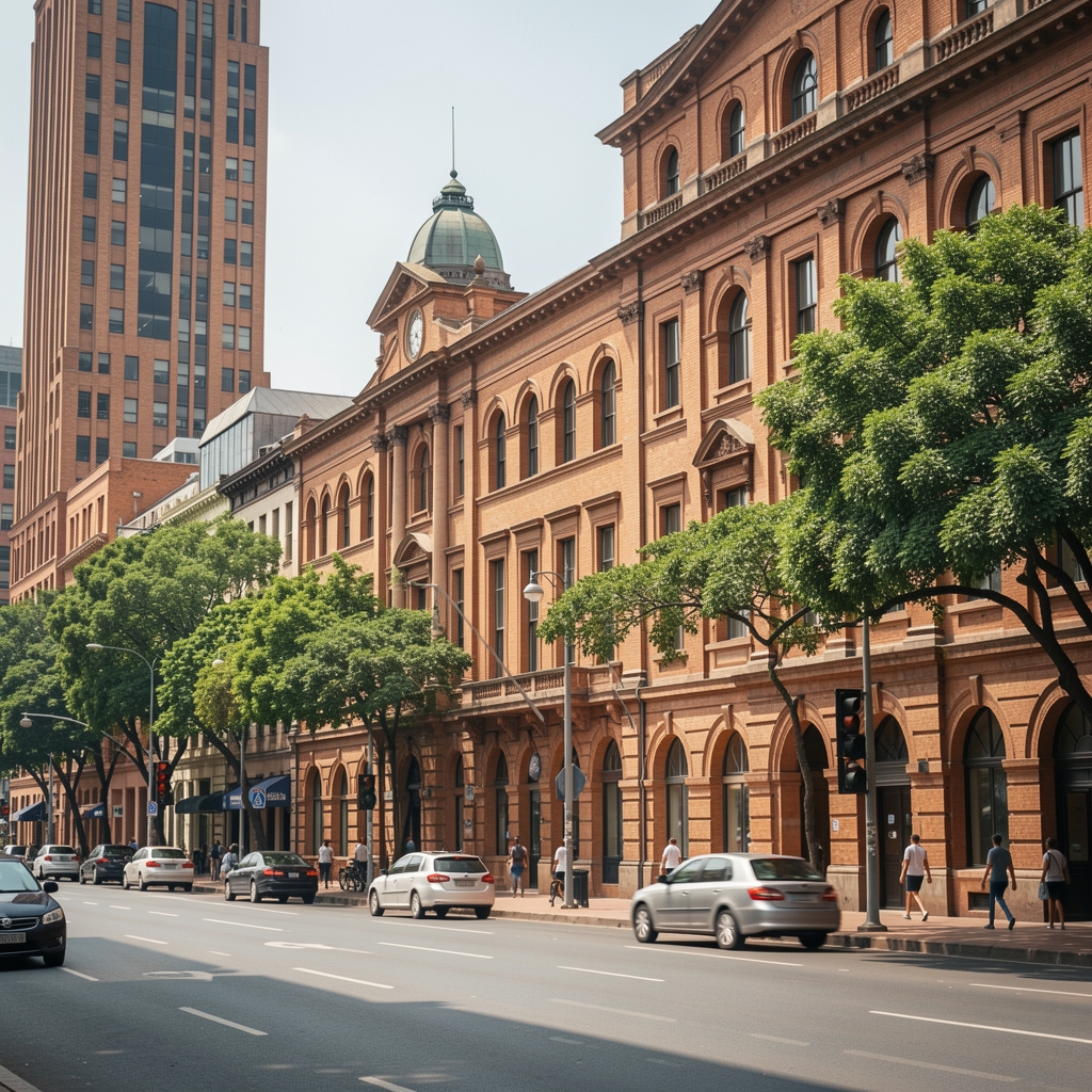 Johannesburg CBD street scene with historic brick buildings and green trees