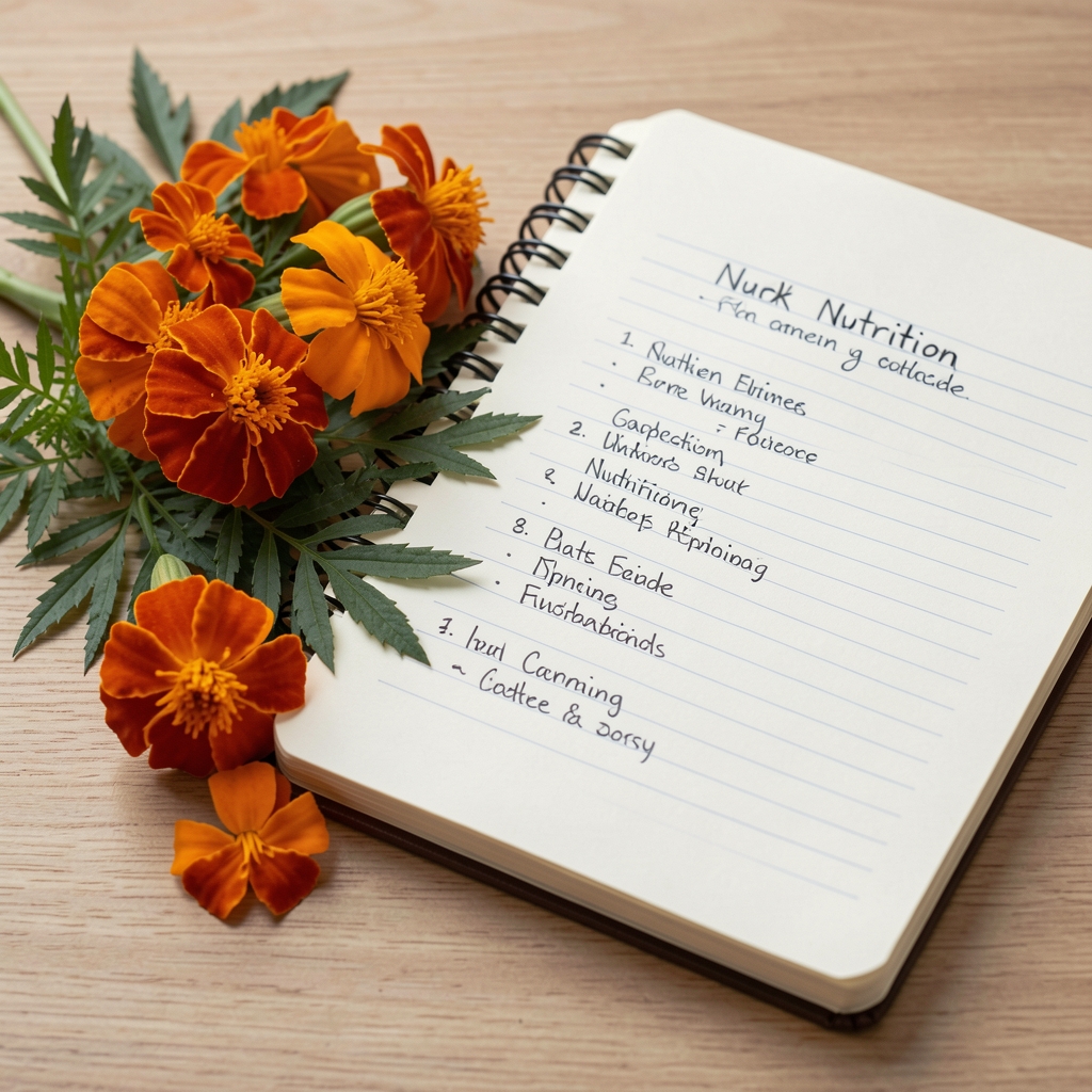 Marigold petals and green leaves arranged beside a labelled nutrition notebook