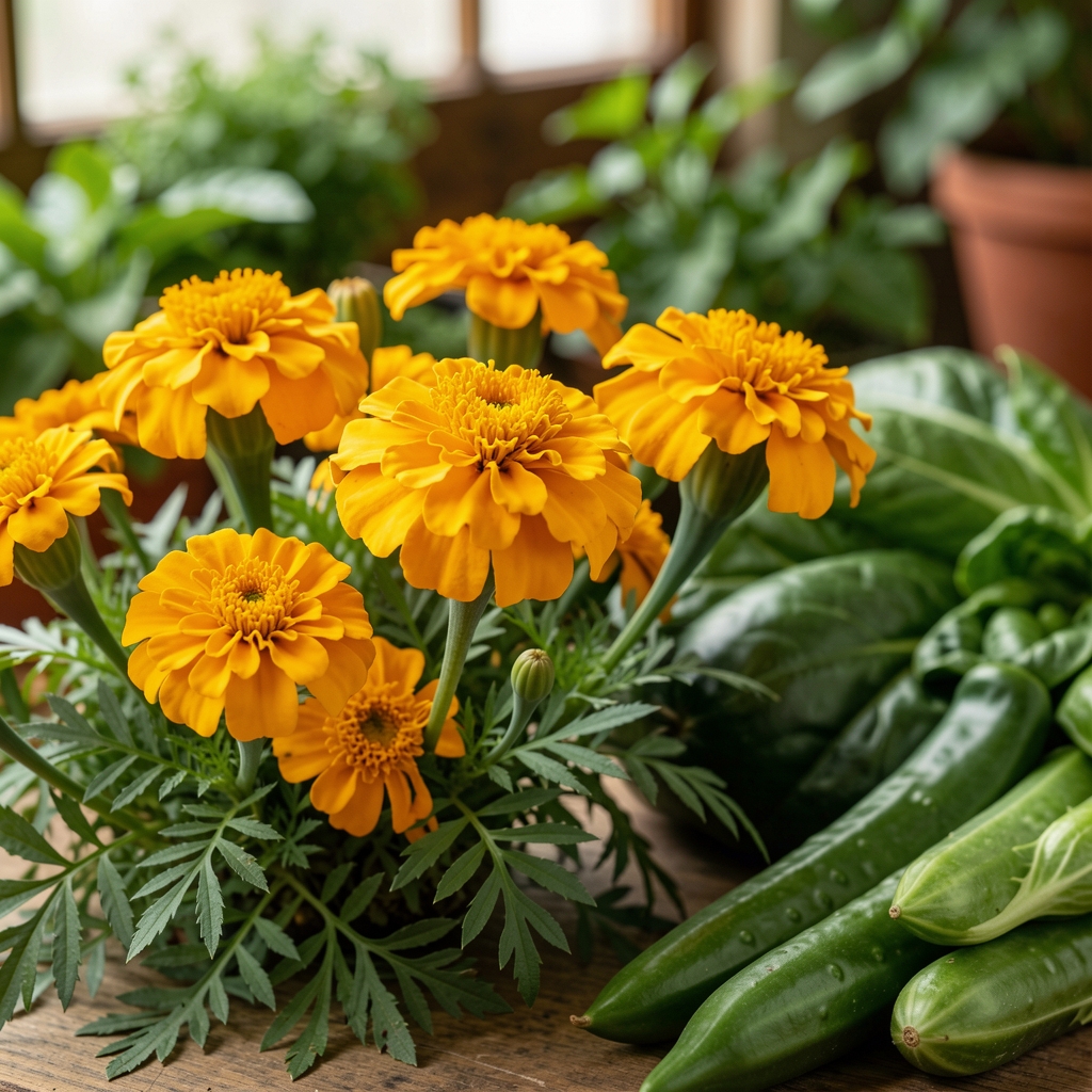 Golden marigold flowers in a botanical study beside green vegetables