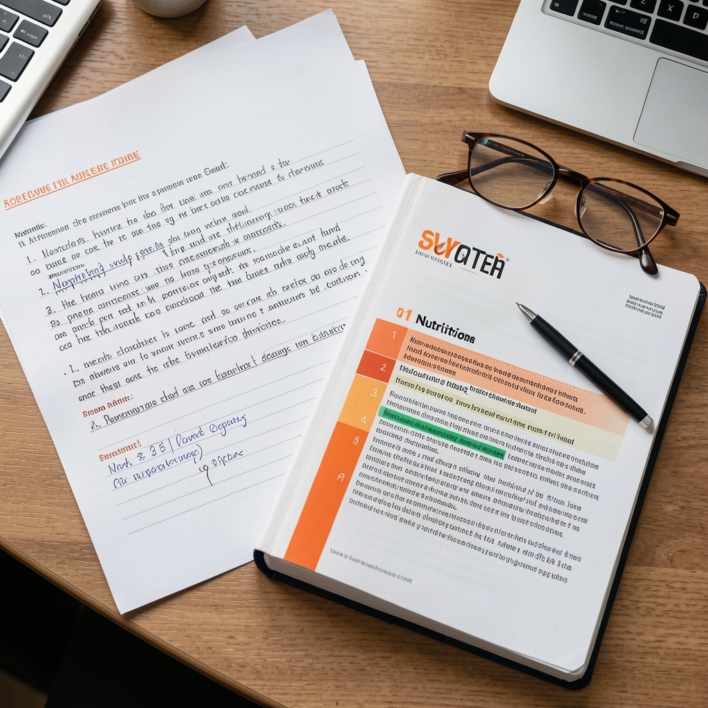 Overhead view of research notes, a highlighted nutrition journal and reading glasses on a desk