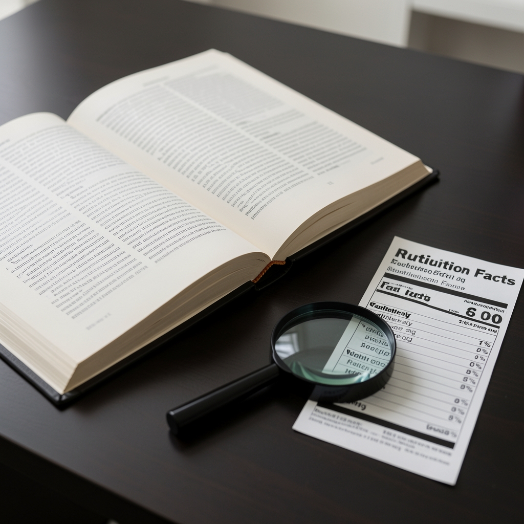 Open reference books and a nutrition label beside a magnifying glass on a dark desk