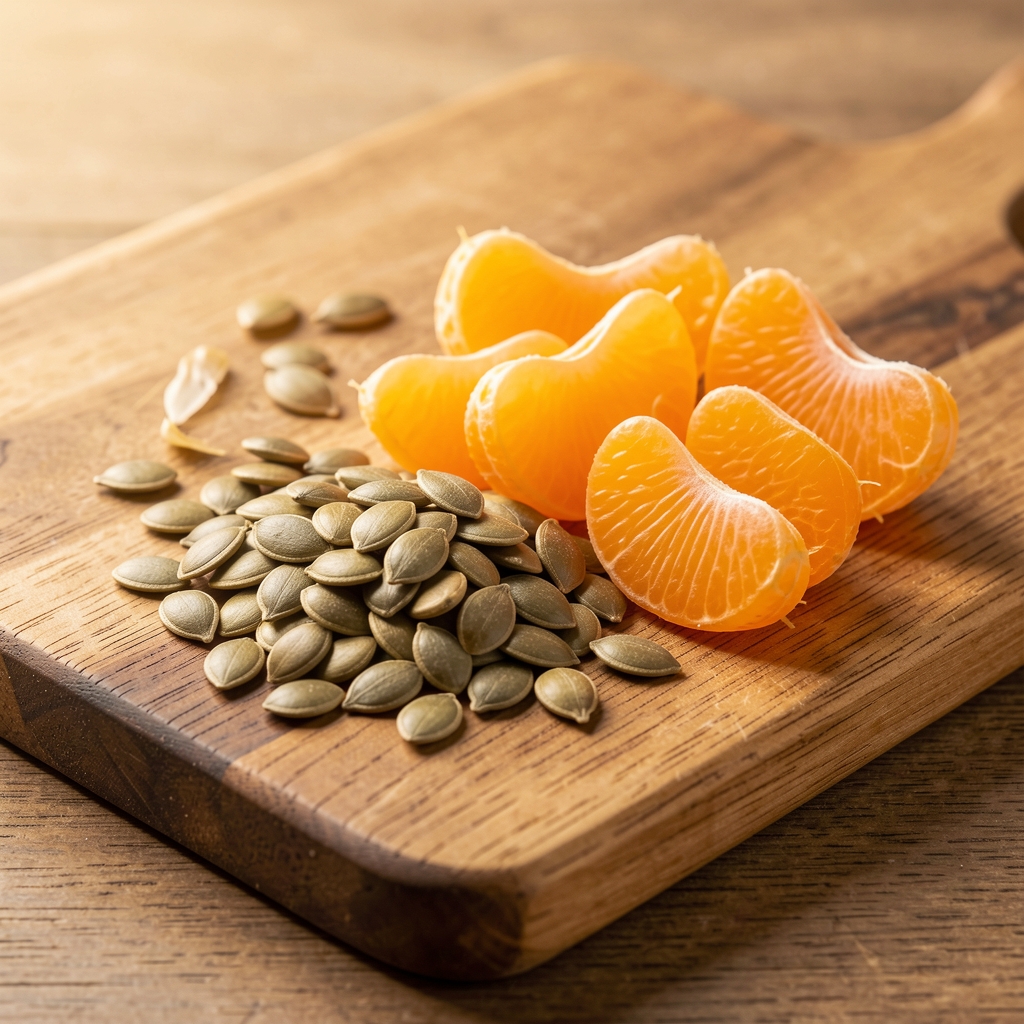 Pumpkin seeds and citrus segments on a wooden board illustrating vitamin A and zinc food sources